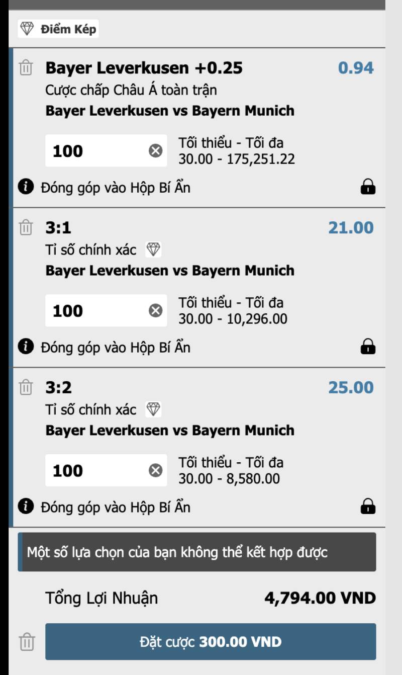 Đánh kèo tỷ số kết hợp nhiều phương án