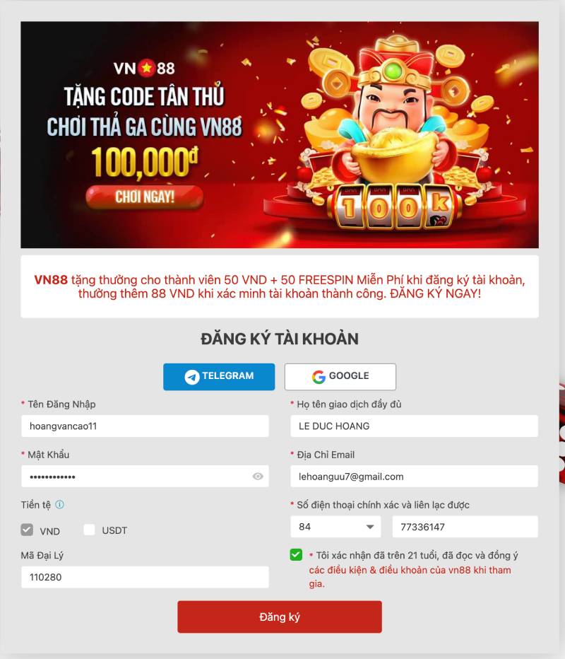 Điền các thông tin cá nhân theo yêu cầu.