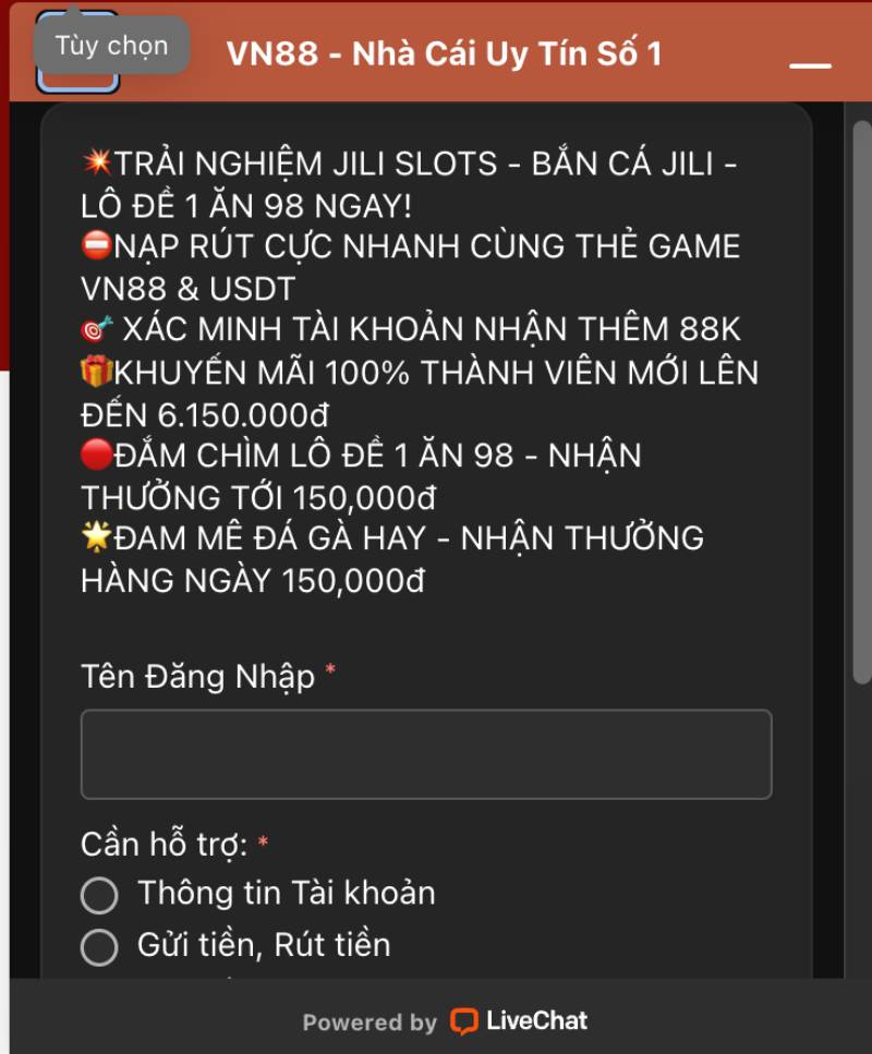 Live Chat trực tuyến trên website VN88