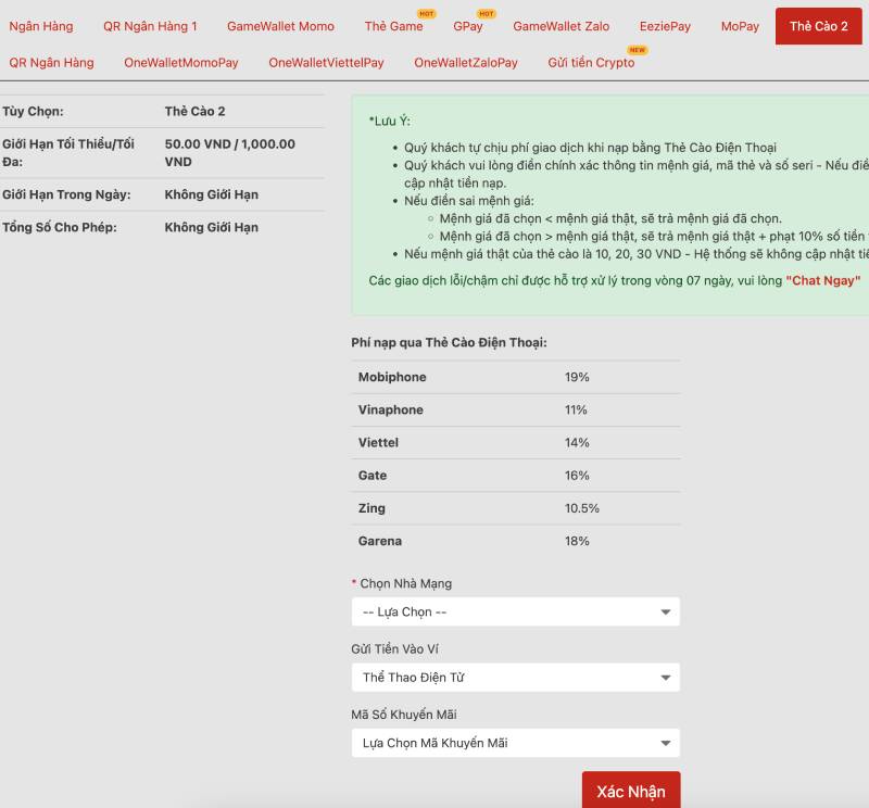 Hướng Dẫn Nạp Tiền VN88 – Chi Tiết & An Toàn Nhất 2025 5 Nạp tiền bằng thẻ game (Zing, Garena, Gate, Vcoin, Thẻ cào điện thoại)